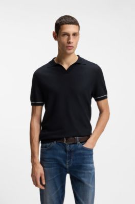 Cotton-blend knit polo with horizontal stripe, Dark Blue