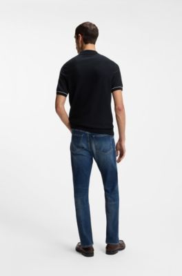 Gebreide polo van een katoenmix met een horizontale streep, Donkerblauw