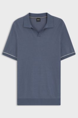 Cotton-blend knit polo with horizontal stripe, Dark Blue