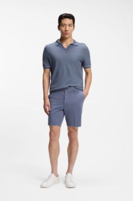 Cotton-blend knit polo with horizontal stripe, Dark Blue