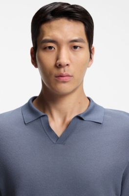 Cotton-blend knit polo with horizontal stripe, Dark Blue