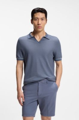 Cotton-blend knit polo with horizontal stripe, Dark Blue