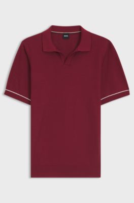 Cotton-blend knit polo with horizontal stripe, Red