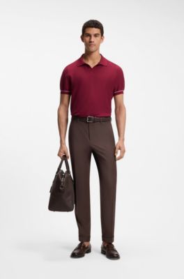 Cotton-blend knit polo with horizontal stripe, Red