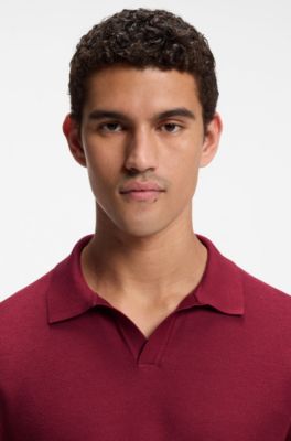 Cotton-blend knit polo with horizontal stripe, Red