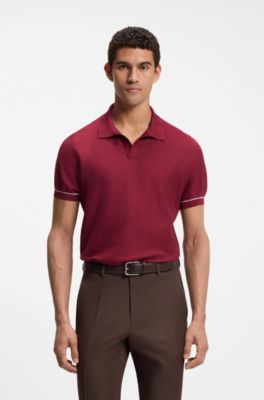 Cotton-blend knit polo with horizontal stripe, Red