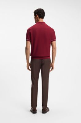 Cotton-blend knit polo with horizontal stripe, Red