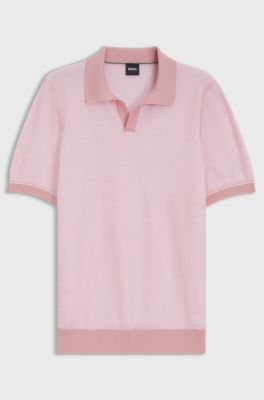 Cotton-blend knit polo with horizontal stripe, Light Pink
