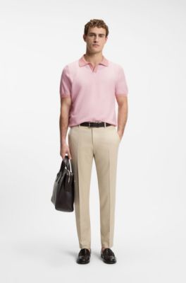 Cotton-blend knit polo with horizontal stripe, Light Pink