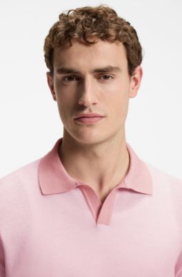 Gebreide polo van een katoenmix met een horizontale streep, Lichtroze