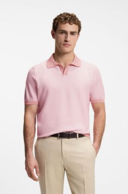 Cotton-blend knit polo with horizontal stripe, Light Pink