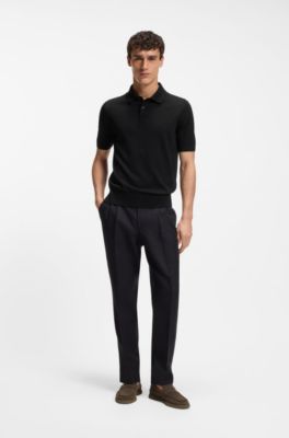 Short-sleeved sweater in virgin wool with polo collar, Black