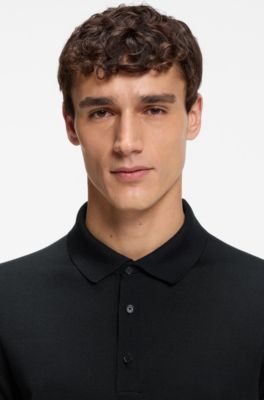 Short-sleeved sweater in virgin wool with polo collar, Black
