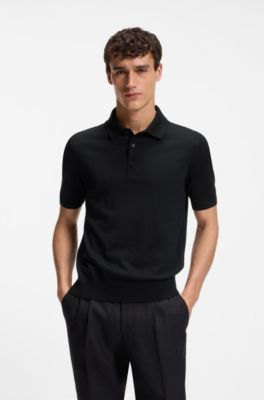 Knit polo in virgin wool , Black