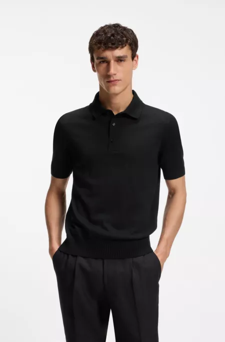Short-sleeved sweater in virgin wool with polo collar