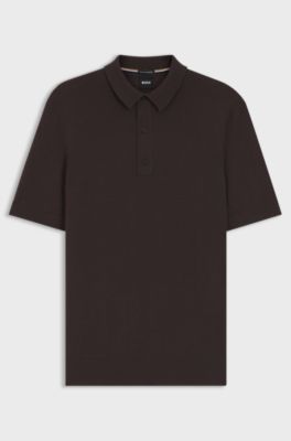 Pull &agrave; manches courtes en laine vierge &agrave; col polo, Marron fonc&eacute;
