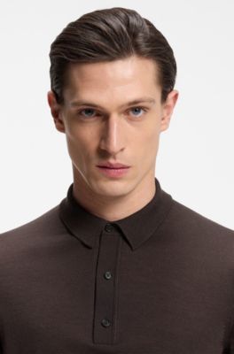 Knit polo in virgin wool , Dark Brown