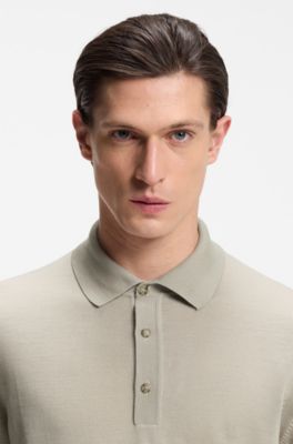 Kurzarm-Pullover aus Schurwolle mit Polokragen, Hellbeige