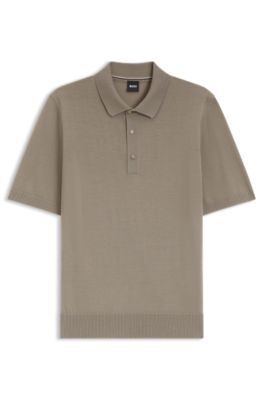 Short-sleeved sweater in virgin wool with polo collar, Brown