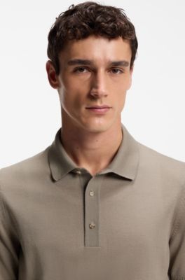 Short-sleeved sweater in virgin wool with polo collar, Brown