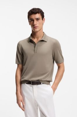 Short-sleeved sweater in virgin wool with polo collar, Brown
