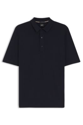 Short-sleeved sweater in virgin wool with polo collar, Dark Blue