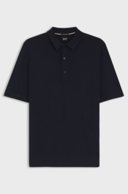 Maglione a maniche corte in lana vergine con colletto polo, Blu scuro