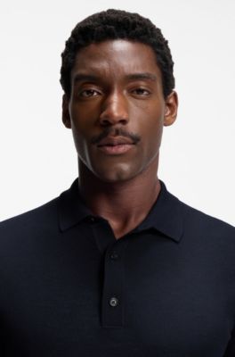 Short-sleeved sweater in virgin wool with polo collar, Dark Blue