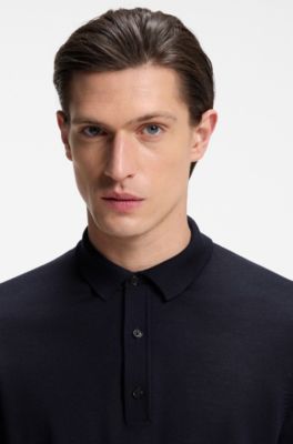 Knit polo in virgin wool , Dark Blue