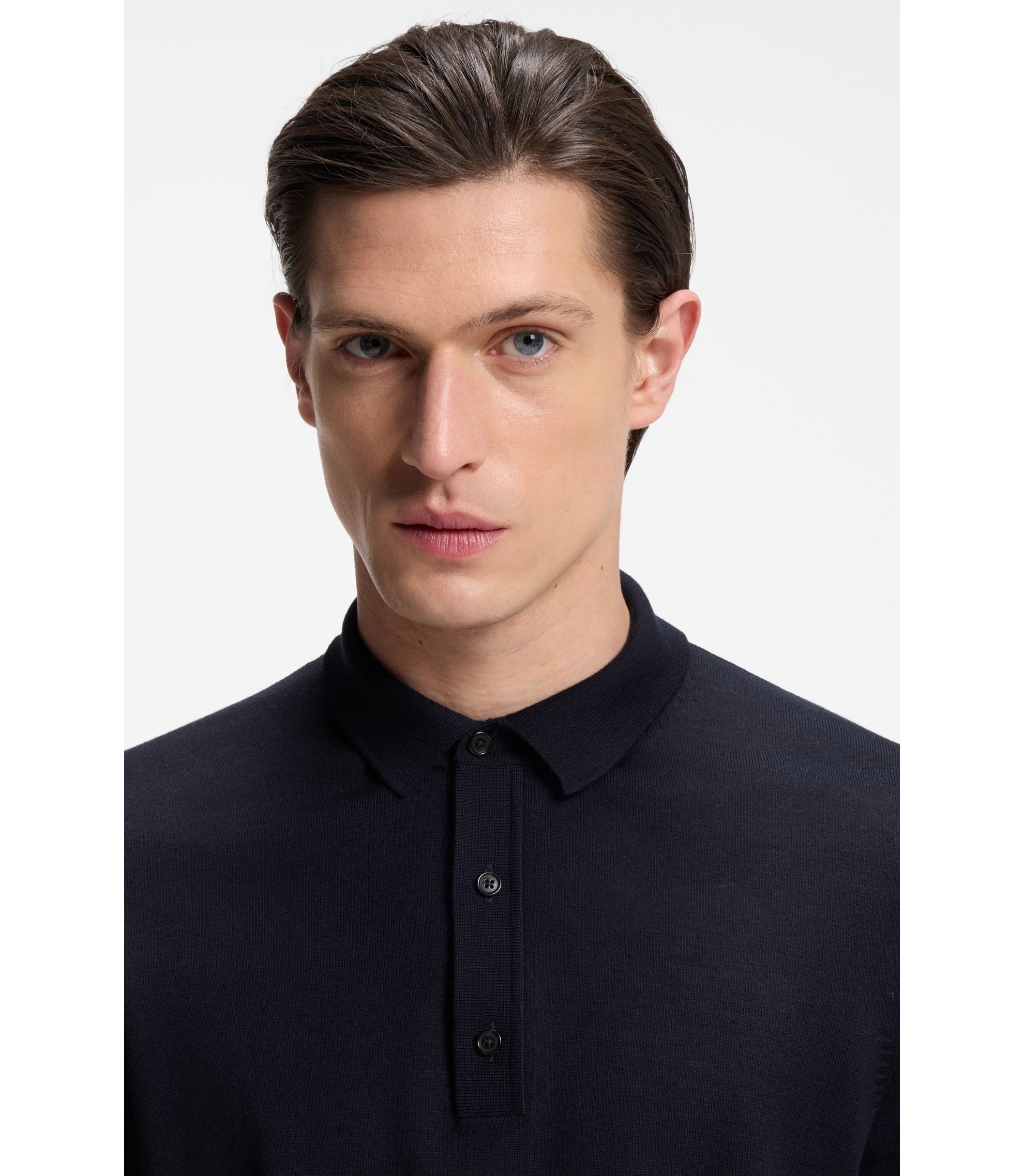 BOSS - Knit polo in virgin wool - Dark Blue