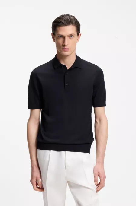 Short-sleeved sweater in virgin wool with polo collar