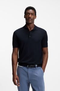 Short-sleeved sweater in virgin wool with polo collar, Dark Blue
