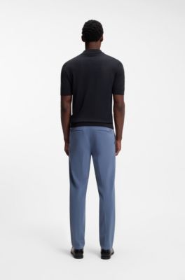 Short-sleeved sweater in virgin wool with polo collar, Dark Blue