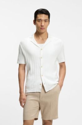 Regular-fit cardigan in striped cotton, White