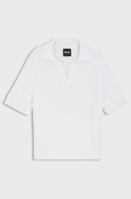 Cotton-blend sweater with Johnny collar, White