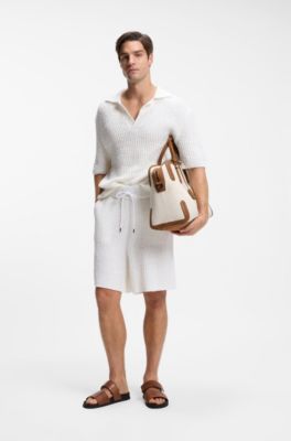 Cotton-blend sweater with Johnny collar, White