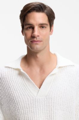 Cotton-blend sweater with Johnny collar, White
