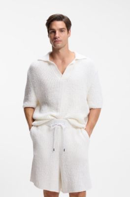 Pull en coton m&eacute;lang&eacute; &agrave; col Johnny, Blanc