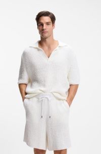 Cotton-blend sweater with Johnny collar, White