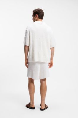 Cotton-blend sweater with Johnny collar, White