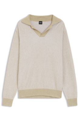 Rib-knit cotton-blend sweater with Johnny collar, Light Beige