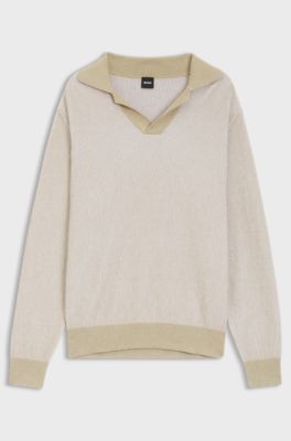 Rib-knit cotton-blend sweater with Johnny collar, Light Beige
