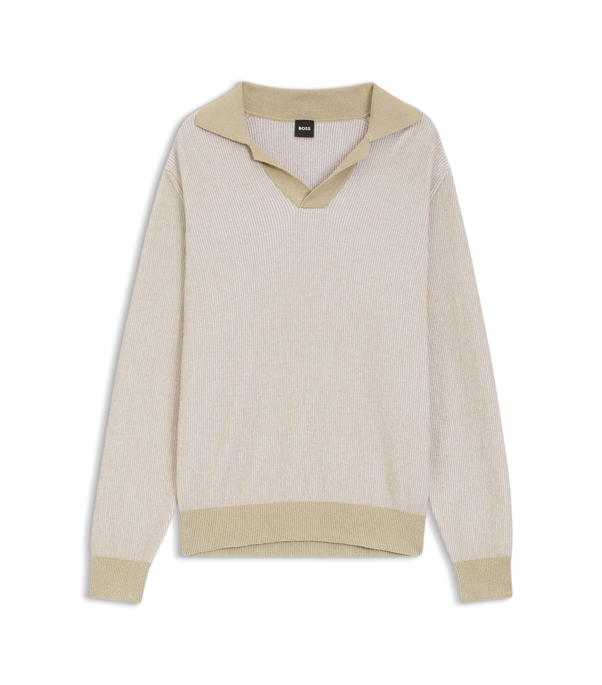 Ecru Knit Polo, Navy Linen Trousers