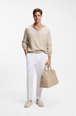 Rib-knit cotton-blend sweater with Johnny collar, Light Beige