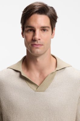 Rib-knit cotton-blend sweater with Johnny collar, Light Beige