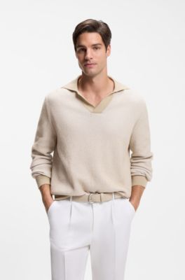Rib-knit cotton-blend sweater with Johnny collar, Light Beige