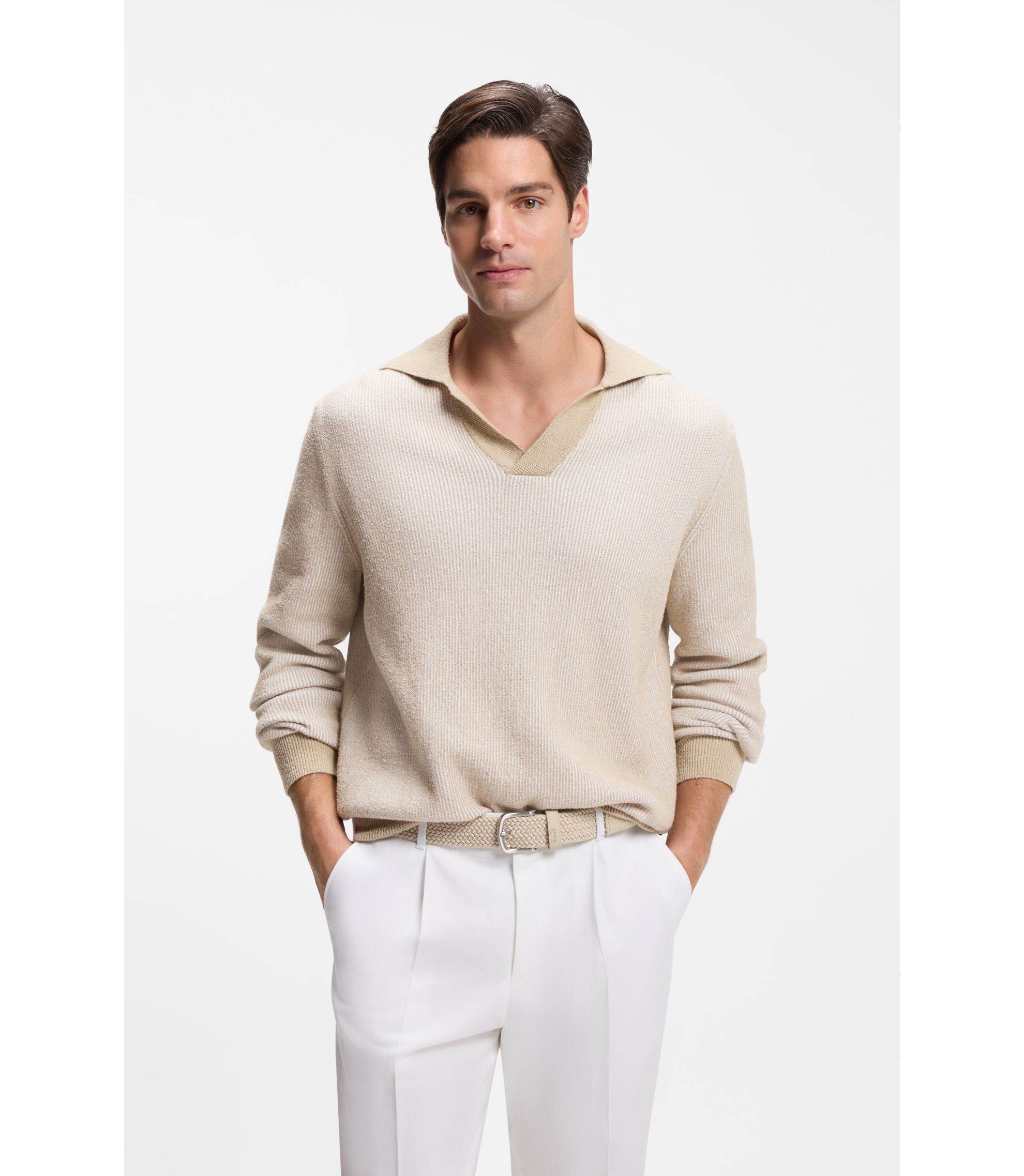 Rippenstrick-Pullover aus Baumwoll-Mix mit Johnny-Kragen