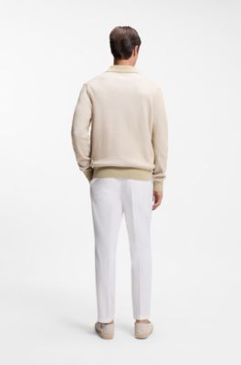 Maglione in misto cotone a coste con colletto Johnny, Beige chiaro