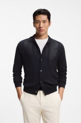 Silk cardigan with mesh panelling, Dark Blue