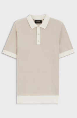 Short-sleeved structured-knit sweater in silk and cotton, Light Beige